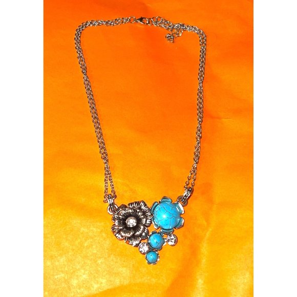 Silver Tone Western Rose Faux Turquoise Adjustable Statement Necklace Jewelry - Picture 3 of 11